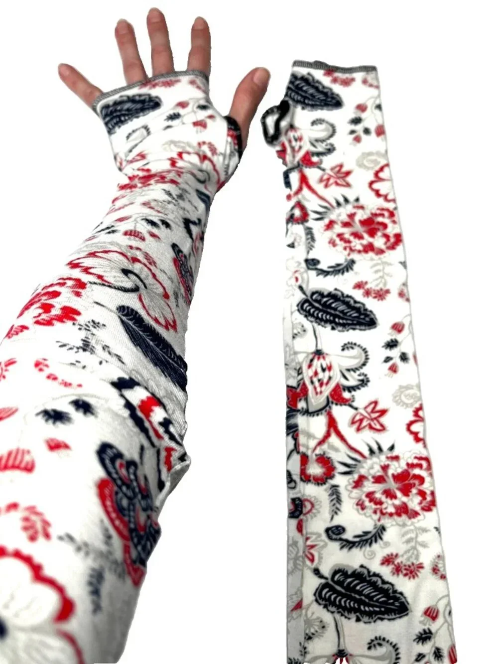 Floral Arm Warmers Red Black White Fingerless Lightweight Driving Sleeves Covers